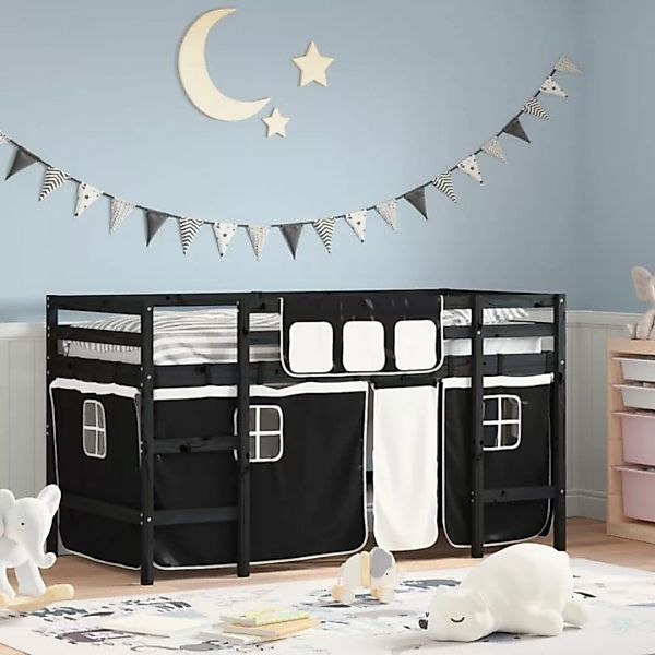 vidaXL Kinderbett Kinderhochbett mit Vorhängen Weiß Schwarz 90x200cm Kiefer günstig online kaufen