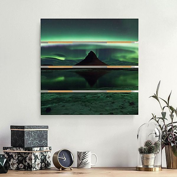 Holzbild Plankenoptik - Quadrat Polarlicht in Island günstig online kaufen