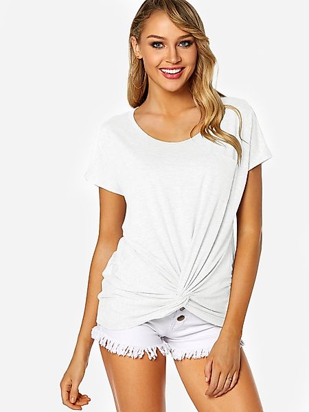 Weißes Rundhals-Knoten-Design-Brusttaschen-T-Shirt günstig online kaufen