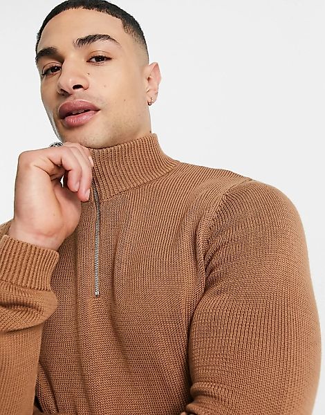 ASOS DESIGN – Pullover aus Baumwolle in Braun mit kurzem Reißverschluss günstig online kaufen