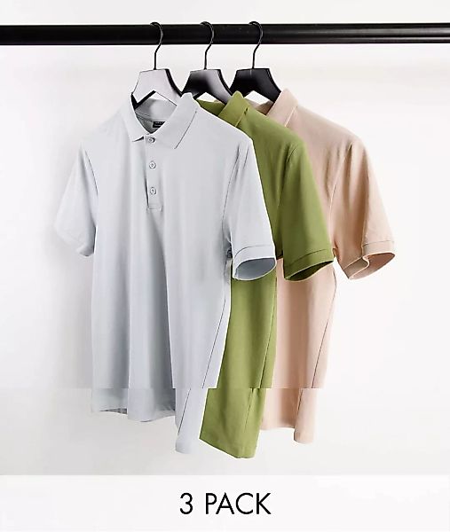 ASOS DESIGN – Jersey-Muskel-Polohemden mit Bio-Baumwolle, 3er-Pack-Mehrfarb günstig online kaufen