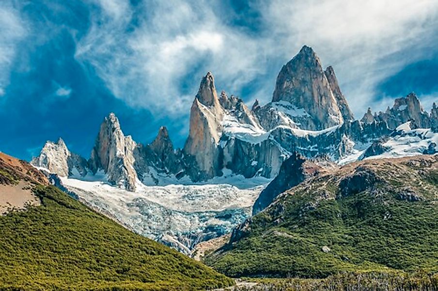 Papermoon Fototapete »GEBIRGE-PATAGONIEN BLUMEN BERGE WIESE SONNE WALD FLUS günstig online kaufen