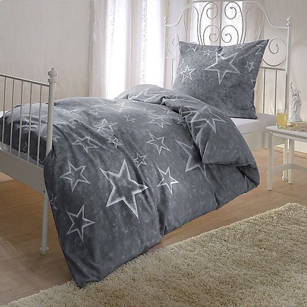BETTWARENSHOP Bettwäsche Anthrazit-Sterne, Biber, 2 teilig, günstig online kaufen