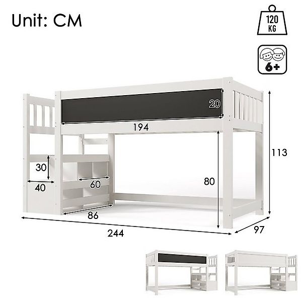 Flieks Hochbett Massivholz Kinderbett Etagenbett mit Tafel und Stauraumtrep günstig online kaufen