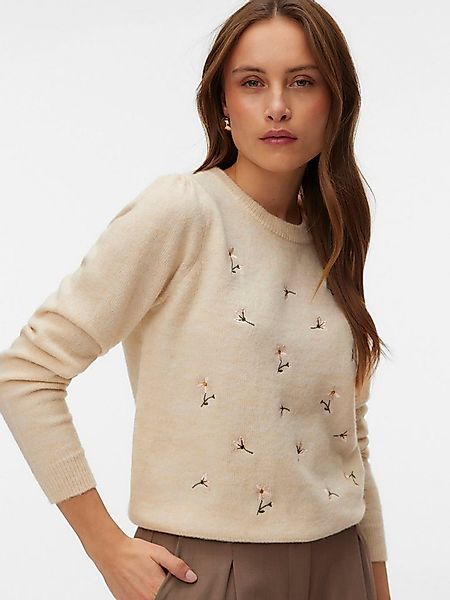 Vero Moda Wollpullover VMFIORELLA EMB LS O-NECK SHORT PULL BOO mit Blumenst günstig online kaufen