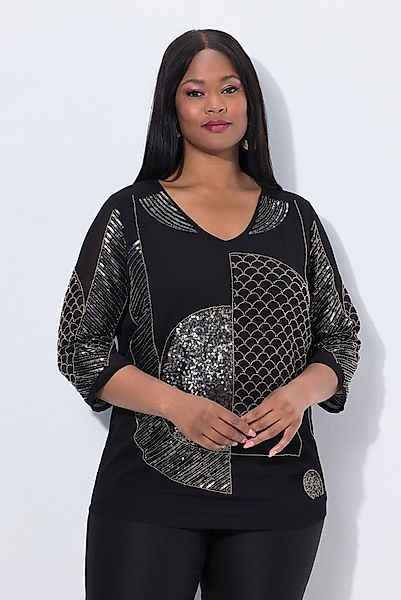 Ulla Popken Longbluse Chiffon-Bluse Pailletten/Perlen V-Ausschnitt günstig online kaufen