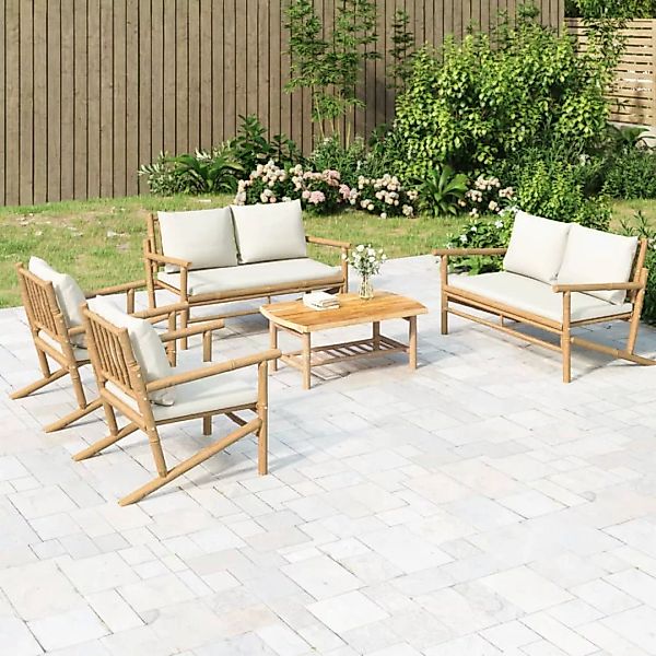 Vidaxl 5-tlg. Garten-lounge-set Mit Cremeweißen Kissen Bambus günstig online kaufen