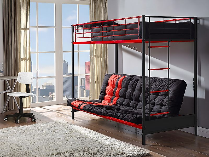 Hochbett mit Schlafsofa mit Futonmatratze - 90 x 190 cm - Metall - Rot & Sc günstig online kaufen