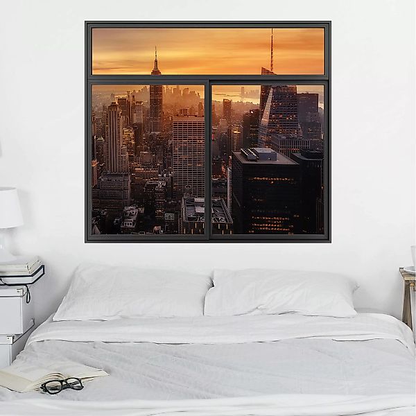 3D Wandtattoo Fenster Schwarz Manhattan Skyline Abendstimmung günstig online kaufen