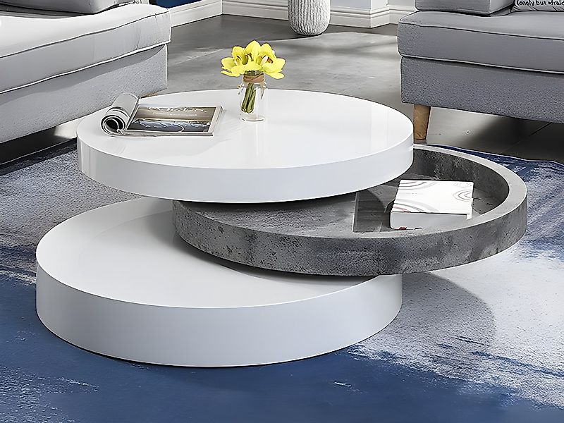 Couchtisch rund - drehbar - 1 Ablagefach - MDF - Beton-Optik & Weiß - JANIT günstig online kaufen