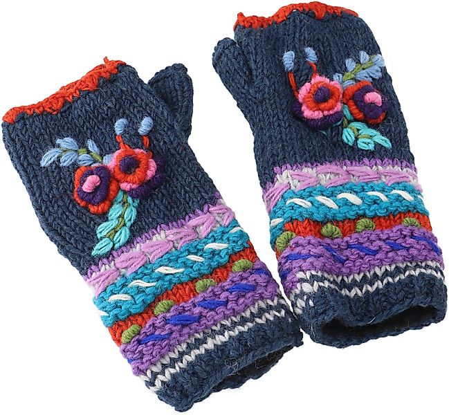 Guru-Shop Strickhandschuhe Handstulpen aus Wolle mit Blume, handgestrickte. günstig online kaufen