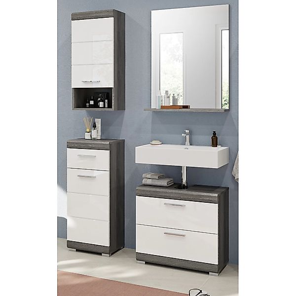 Inn.Furn Badmöbel-Set Weiß Hochglanz Grau 4-teilig 112 cm Vollauszug Shawn günstig online kaufen