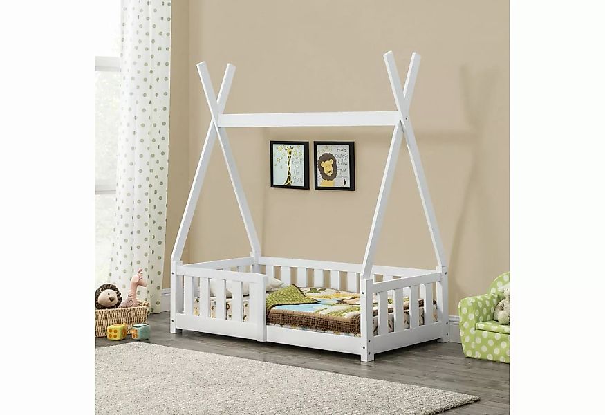 en.casa Kinderbett 70x140cm mit Rausfallschutz Tipi Holz Weiß Hausbett weiß günstig online kaufen