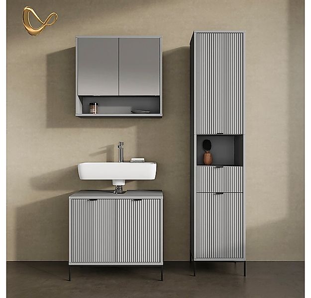 Livinity® Badmöbel-Set ATERNO, Grau, 3 Teile, mit Hochschrank, (3-St) günstig online kaufen