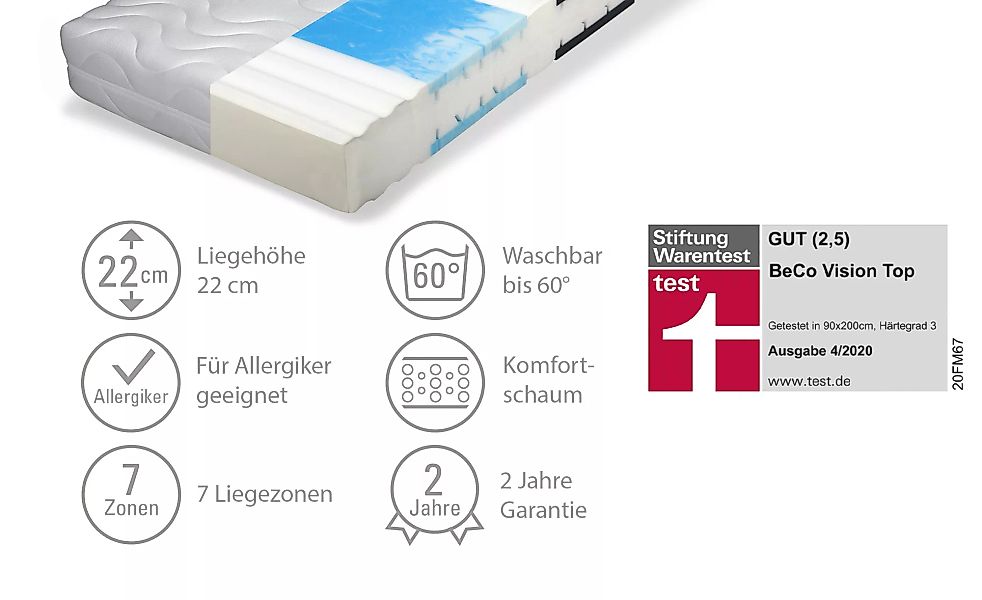 7-Zonen-Komfortschaum-Matratze - weiß - 100 cm - 22 cm - Matratzen & Latten günstig online kaufen