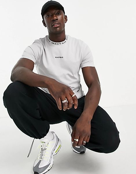 Mauvais – T-Shirt in Grau mit Zierband am Ausschnitt günstig online kaufen