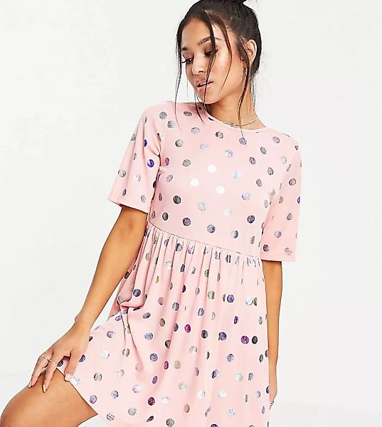 Urban Threads Petite – Hängerkleid in Rosa mit Metallic-Punktemuster günstig online kaufen