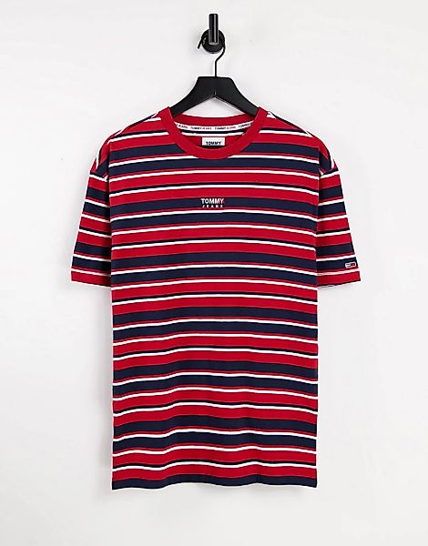 Tommy Jeans – T-Shirt in Rot mit Streifen und mittig platziertem Flaggenlog günstig online kaufen