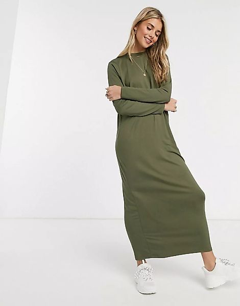 ASOS DESIGN – Langärmliges Maxi-T-Shirt-Kleid in Khaki-Grün günstig online kaufen
