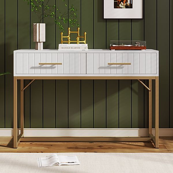 Schminktisch mit 2 Schubladen und goldenen Griffen, 100x45x75 cm, Weiß günstig online kaufen