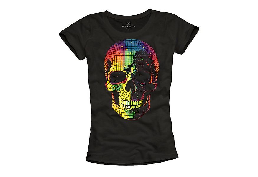 MAKAYA Print-Shirt Totenkopf Disco Skull Rockige Mode Damen Sommer Top Goth günstig online kaufen