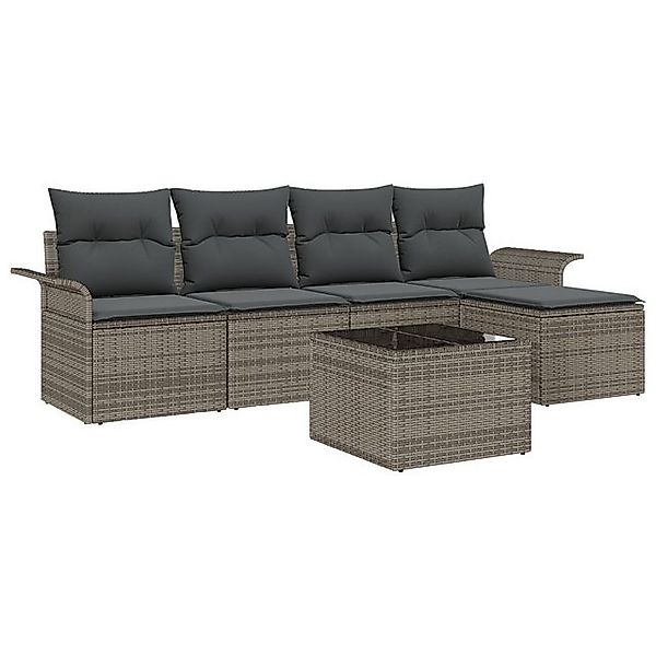 vidaXL Loungesofa 5-teiliges Garten Sofaset mit Kissen Grau Poly Rattan, 6 günstig online kaufen