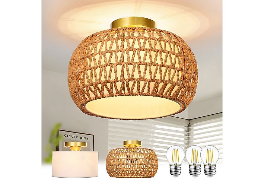 Jibenhome Deckenleuchte Handgewebte Boho Rattan-Deckenleuchte mit Stoffschi günstig online kaufen