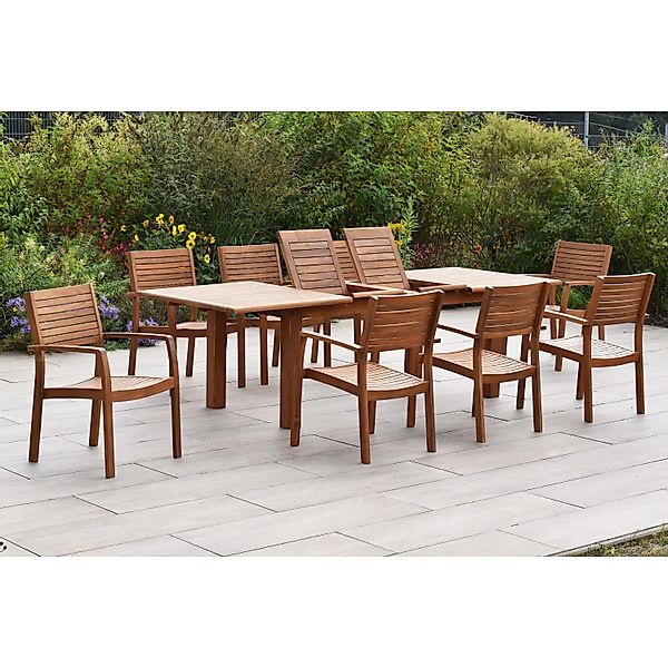 Merxx Batavia Set 9-tlg. 8 Stapelsessel Doppel-Gartentisch Ausziehbar günstig online kaufen