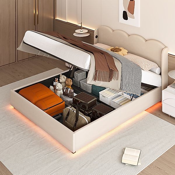 Doppelbett 160x200cm Wellenkopfteil mit hydraulischem Stauraum, Samtstoff B günstig online kaufen