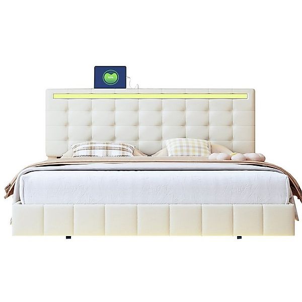 Gotagee Polsterbett mit LED-Leuchten flächiges Doppelbett-Gästebett Leinen günstig online kaufen