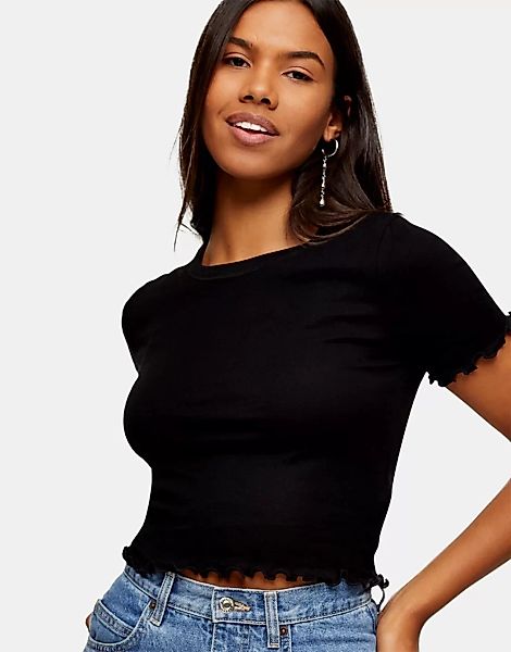Topshop – Everyday – T-Shirt in Schwarz mit gekräuseltem Saum günstig online kaufen