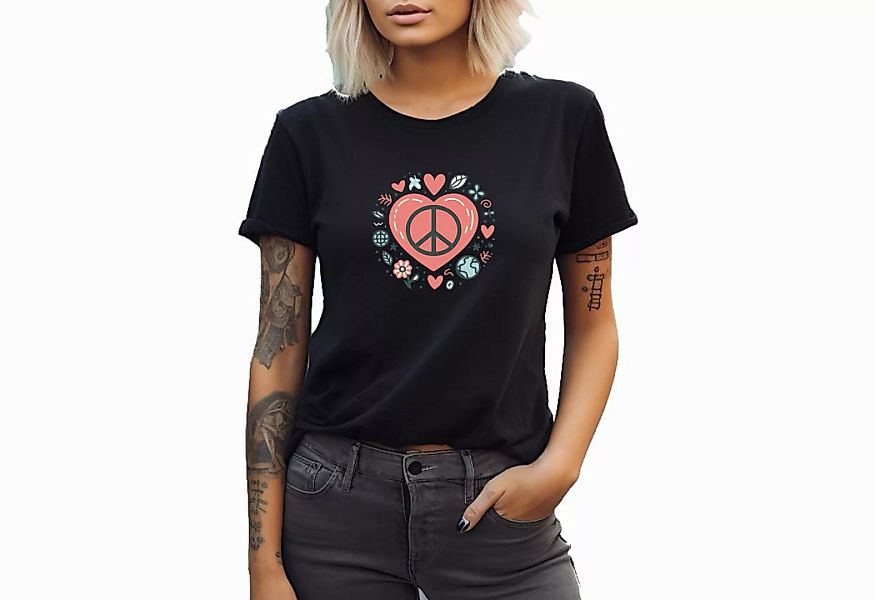 Banco T-Shirt Damen Herz Frieden Liebe Sommershirt Kurzarm langlebiger Druc günstig online kaufen