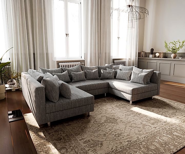 Wohnlandschaft Clovis Hellgrau Strukturstoff Modulsofa günstig online kaufen