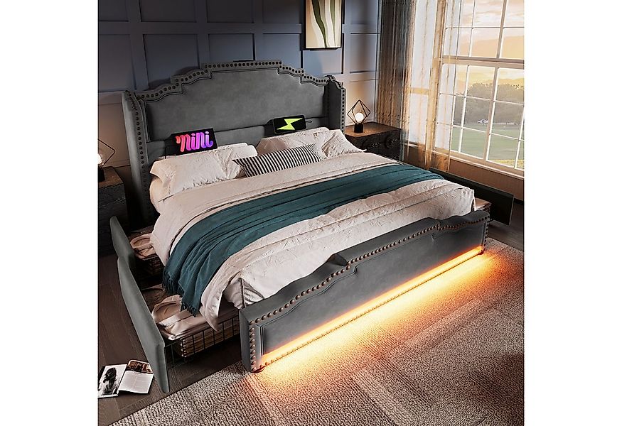 Celya Polsterbett Doppelbett mit 4 Schubladen, LED-Beleuchtung und USB-C-La günstig online kaufen