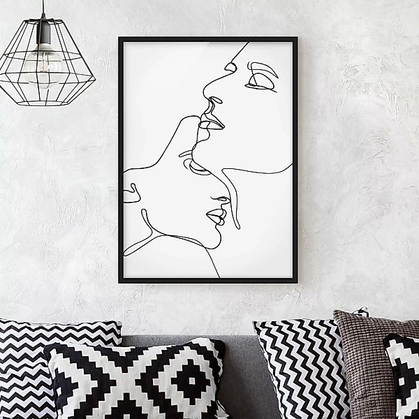 Bild mit Rahmen Schwarz-Weiß - Hochformat Line Art Zärtliche Gesichter Schw günstig online kaufen