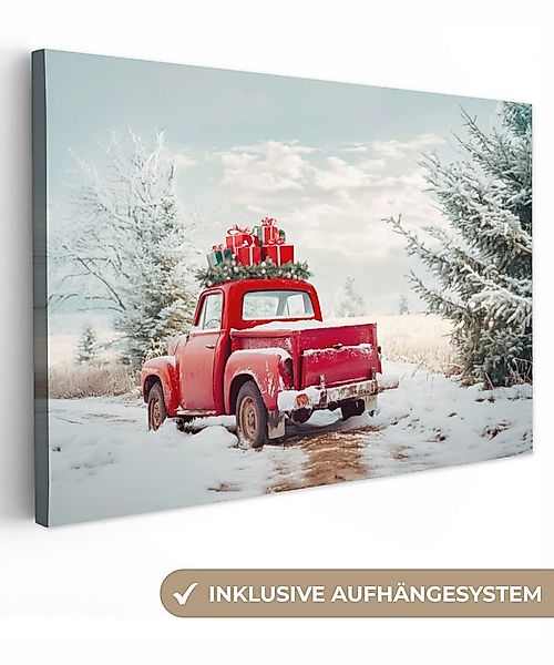 OneMillionCanvasses® Leinwandbild Auto - Rot - Geschenke - Winter - Schnee günstig online kaufen