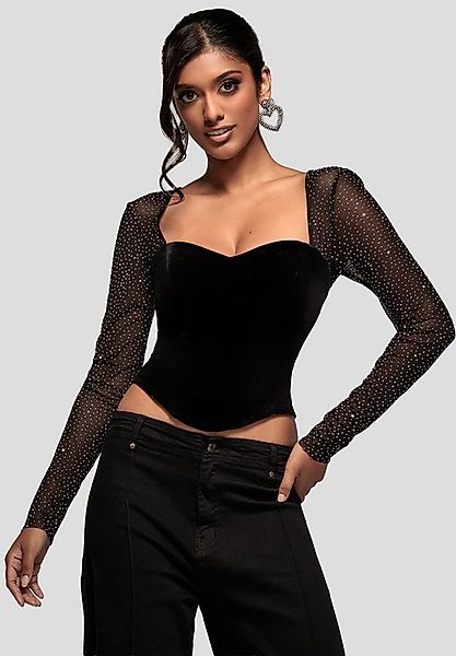 Goddiva Langarmbluse Diamante Long Sleeve Velvet Dipped Hem Top Mesh sleeve günstig online kaufen