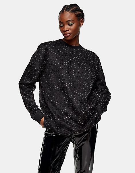 Topshop – Oversize-Sweatshirt mit Strassdetail in Schwarz günstig online kaufen