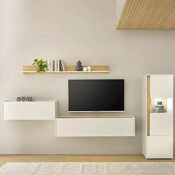 Design Wohnwand mit Sekretär in Weiß Wildeichefarben (vierteilig) günstig online kaufen