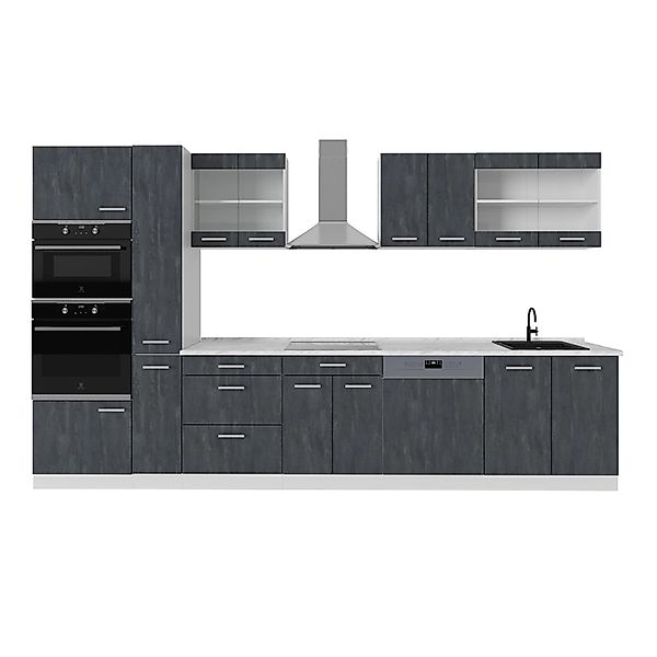 Vicco R-Line Komplettküche Schwarz Beton/Weiß 350 cm AP Marmor günstig online kaufen
