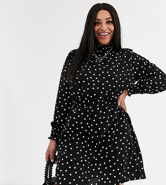 New Look Curve – Kleid mit gerafftem Ausschnitt, Schwarzweiß gepunktet günstig online kaufen