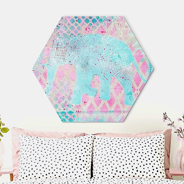 Hexagon-Alu-Dibond Bild Bunte Collage - Elefant in Blau und Rosa günstig online kaufen