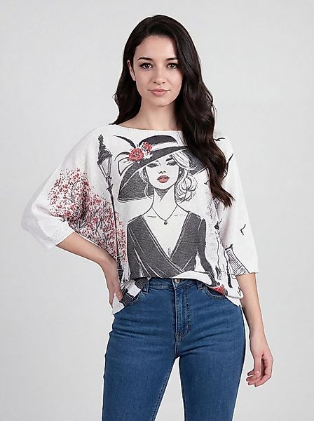 PEKIVESSA Strickpullover Fledermauspullover mit Allover-Print Dame-mit-Hut günstig online kaufen