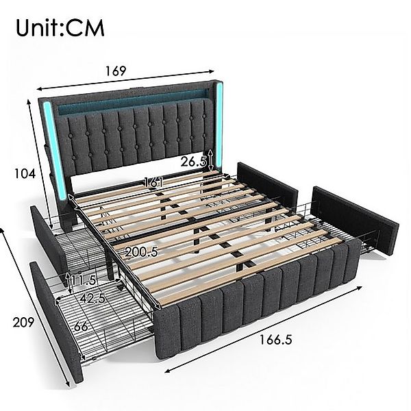 STILVORA Polsterbett 160x200 Jugendbett mit Stauraum, Bettgestell mit USB T günstig online kaufen