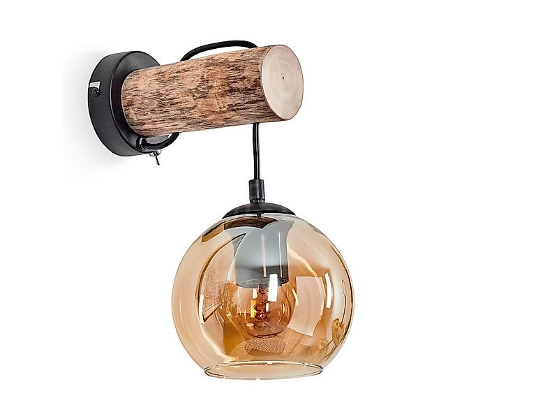 hofstein Wandleuchte Wandlampe aus Metall/Holz/Glas in Schwarz/Natur/Bernst günstig online kaufen