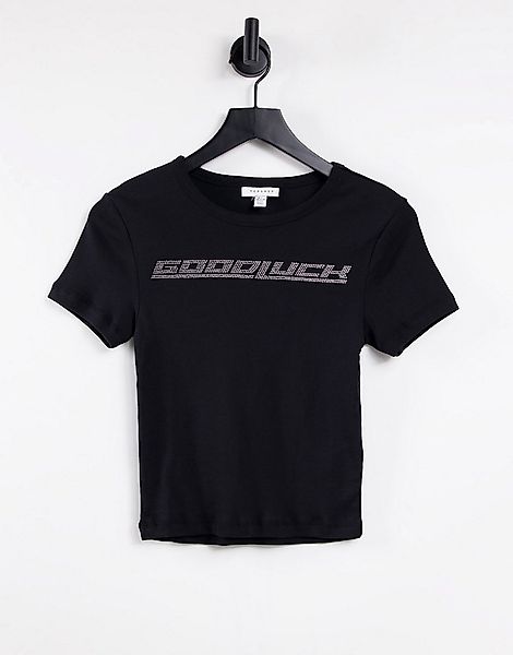 Topshop – Baby – T-Shirt in Schwarz mit „Good Luck“-Schriftzug mit Strass günstig online kaufen