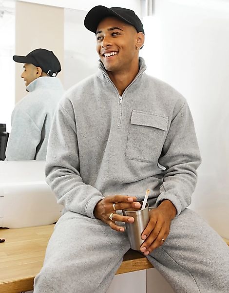 Topman – Strukturiertes Oversize-Sweatshirt in Grau mit Halbreißverschluss, günstig online kaufen