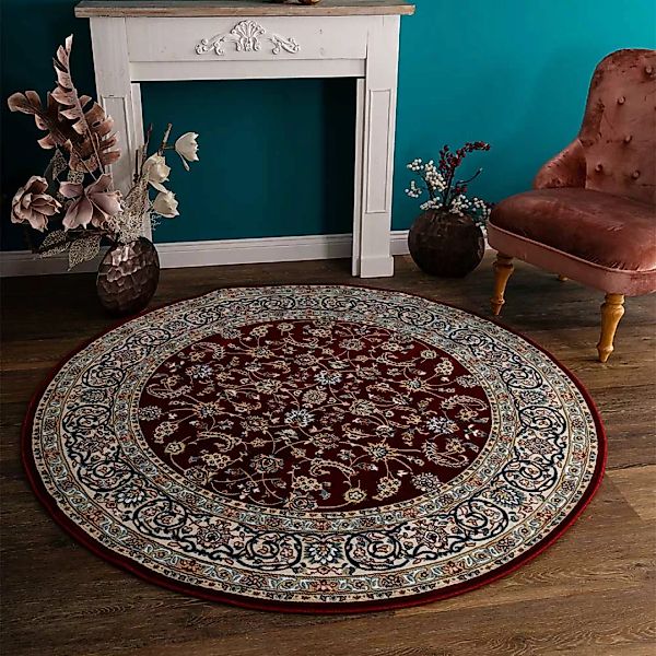 Runder Orient Stil Teppich in Dunkelrot Cremefarben günstig online kaufen