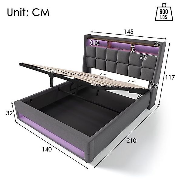 STILVORA Polsterbett Stauraumbett 140x200cm mit USB Steckdose Jugendbett Do günstig online kaufen