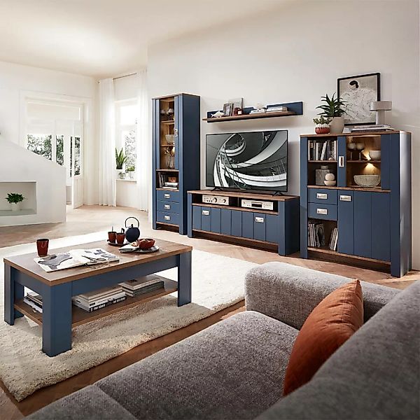 Wohnwand blau DEVON-36 Landhaus mit Details in Eiche Nb. 5-teilig, inkl. Co günstig online kaufen